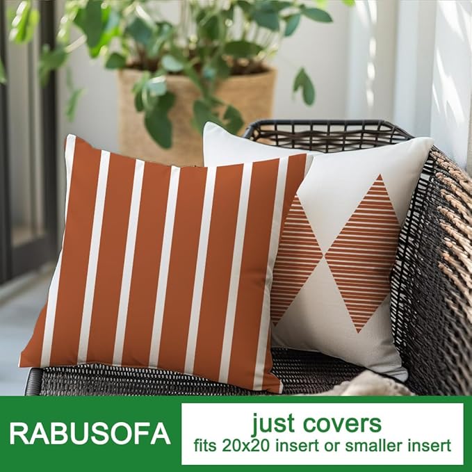 RABUSOFA Outdoor Pillows Covers 20x20 inch Waterproof,Fall Rust and Beige Boho Cushion Cases Set of 4 for Patio Furniture Sunbrella Couch(2R-20) (Rust and Beige, 20" x 20" Pack of 4)