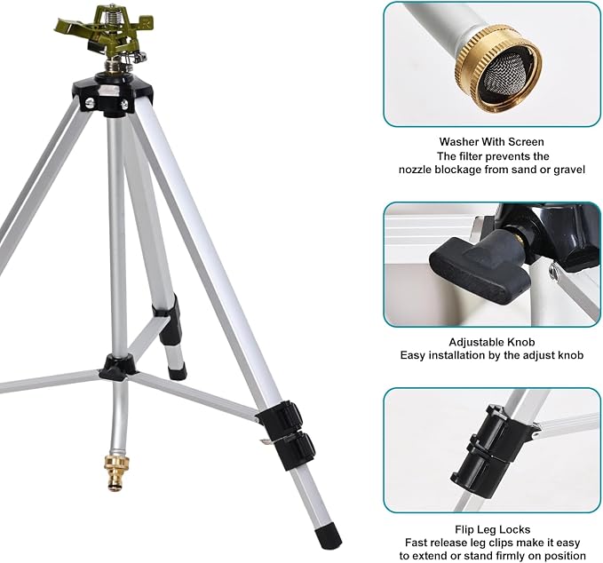 Impact Sprinkler Head on Tripod Base, Heavy Duty Lawn Sprinklers, 360 Degree Large Area Irrigation, Metal Sprinkler Nozzle with Solid Alloy Metal Extension Legs (36in)