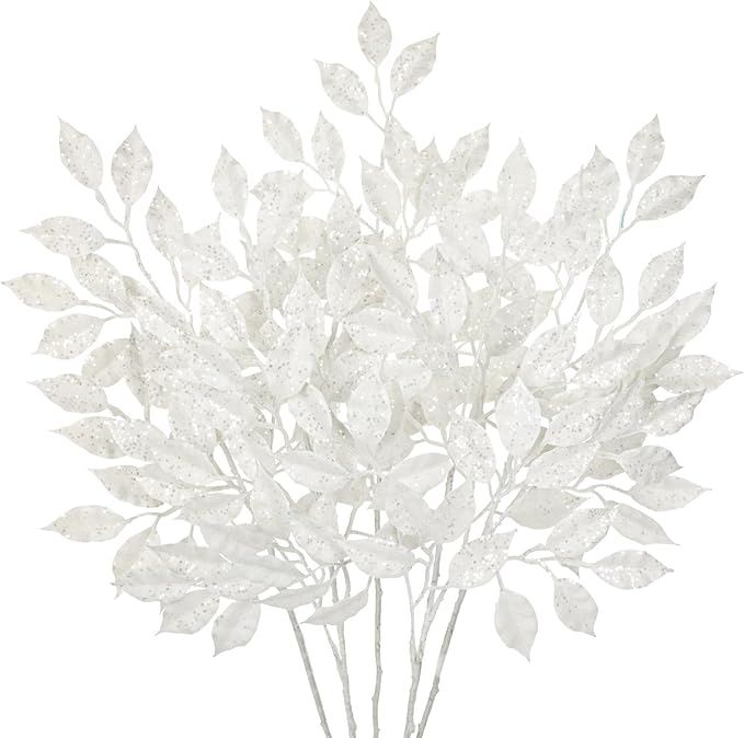 25.6" Christmas Glitter Leaves Stems, 5Pcs Artificial White Leaf Spray Leaf Picks Tall for Christmas Tree DIY Xmas Wreath Garland Arrangment Vase Bouquets Table Centerpieces Decoration Home Decor