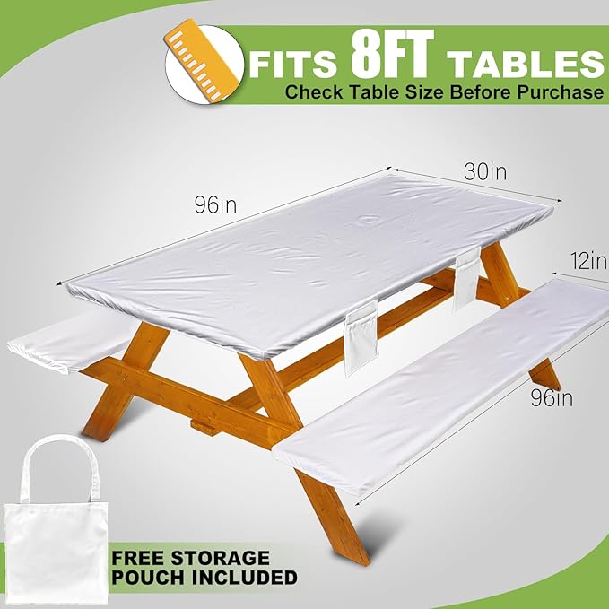 Picnic Table Cover with Bench Covers Vinyl Elastic Edges Fitted Rectangle Seat Tables Waterproof 3-Piece96X30in Set Outdoor Rectangular Folding Backing Tablecloth for Camping Over Size