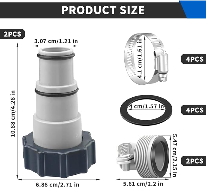 4 Pack Pool Hose Adapter, 1.5" to 1.25" Pool Hose Connector with Clamp and Washer for Intex Threaded Connection Pump Hoses Above Ground Pools Accessories