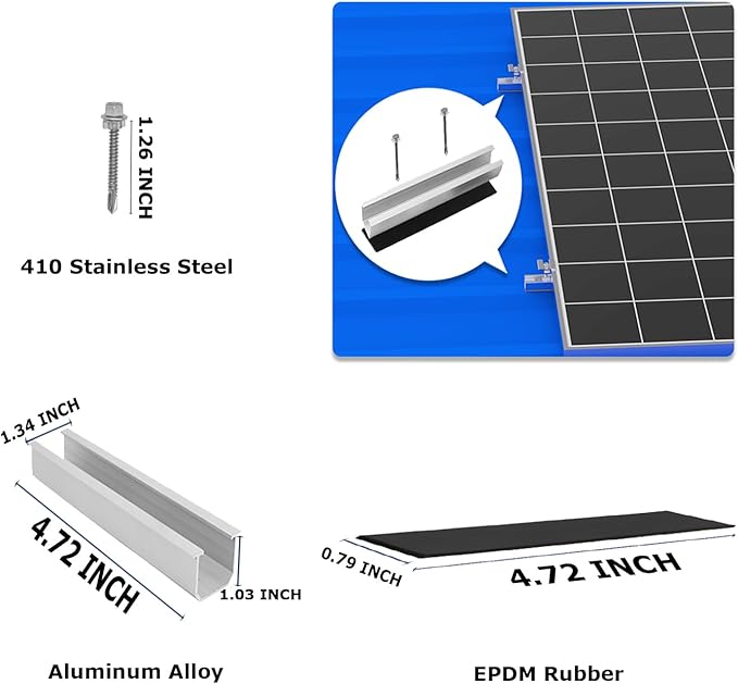 Solar Panel Mounting Brackets, Roof Mount Kit, Rails and Clamps Included for Thickness 1.18”-1.38”,2pcs in A Row Assembly on Tin, Flat and Sheet Rooftop, Aluminum Alloy
