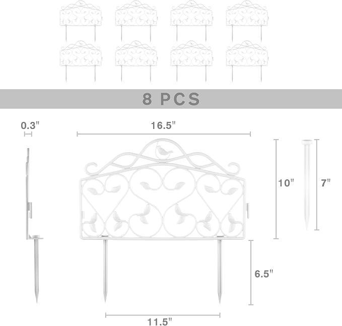 Evelyne Decorative Garden Border Plastic Edging – PP Plastic, Short Metal-Free Faux Wrought Iron Leaf & Bird Design, 8pcs Yard Landscaping Fence Liner Lawn Edge Barrier, 10ft Kit of Decorative Panels