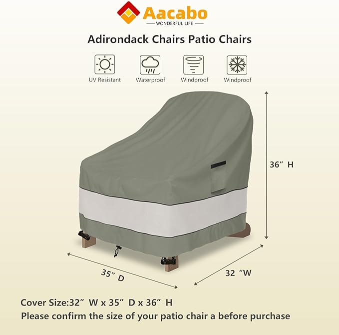 Outdoor Adirondack Chair Cover 2 Pack,Waterproof 100% Patio Chair Covers,32W x 35D x 36H inch,Patio Adirondack Chair Cover for Outdoor Chair -Grayish Green
