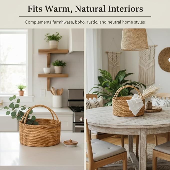 Handwoven Rattan Storage Basket with Handles, Natural Wicker Decorative Basket for Kitchen Counter, Pantry Organization, Floral Arrangement, Gift Packaging & Home Decor