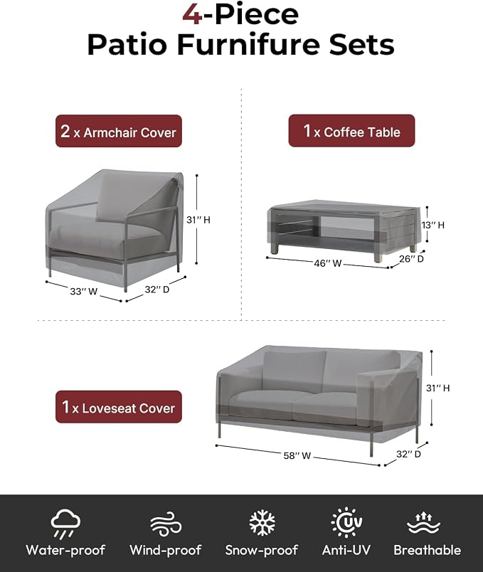 Loriano Patio Furniture Covers 4 Piece Set, Outdoor Waterproof, Heavy Duty 600D Lawn Patio Covers Grey-Black