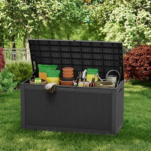 100 Gallon Deck Box, Waterproof Resin Rattan Outdoor Storage Box with Lockable Lid, Fade Resistant Patio Storage Box for Garden Tools, Pool Accessories, Outdoor Cushions, Black