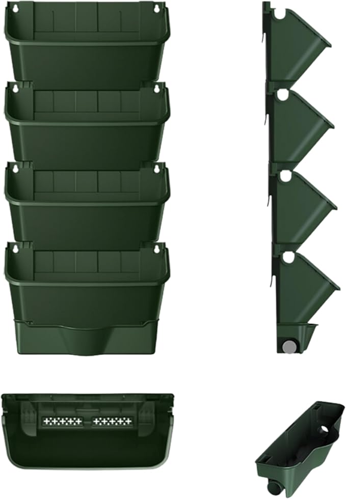 Maxona Vertical Wall Planter for Indoor Plant-Walls Mounted Pot with 2 Drainage Tray 8 Pack, 13 inch Dark Green for Indoors and Outdoor Decor, Plastic Pots Balcony Planters, Plants Hanging