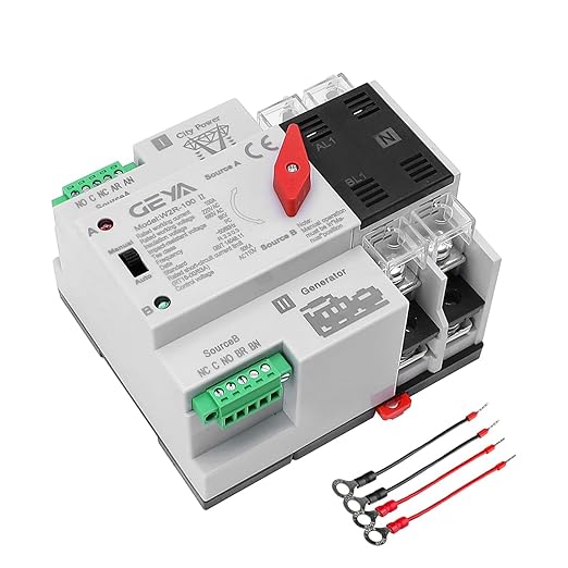 GEYA Mini ATS Automatic/Manual Transfer Switch, Solar Auto Dual Power Over & Under Voltage Switch 50/60Hz Grid to AC Generator (2Pole 100A 110V)