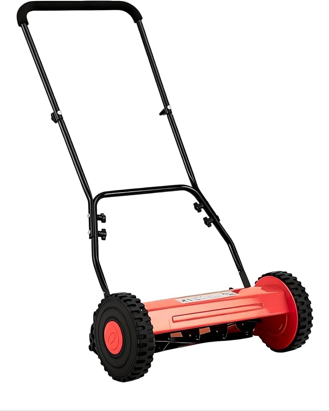 Eco-Friendly Quiet Hand Push Lawn Mower – 16-Inch 5-Blade Manual Reel – Adjustable Cutting Height, Lightweight, Easy Assembly – Ideal for Small to Medium Yards – Red