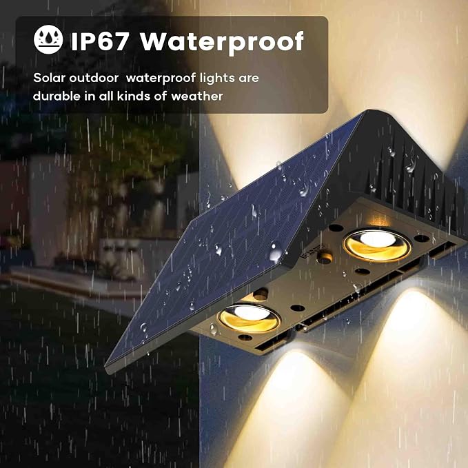 Fence Lights Solar Powered, 4-Pack Solar Fence Lights Up/Down Flexible Buttons, IP67 Waterproof for Outdoor, 100LM Bright, Auto Dusk to Dawn for Wall/Stairs/Yard/Railing/Deck/Pathway (White & RGB)
