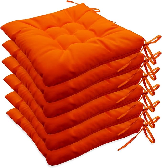 Outdoor Indoor Tufted Chair Cushions, Seat Cushions with Ties, Chair Pads Waterproof for Porch Kitchen Office Garden Orange 16" x 16", Set of 6