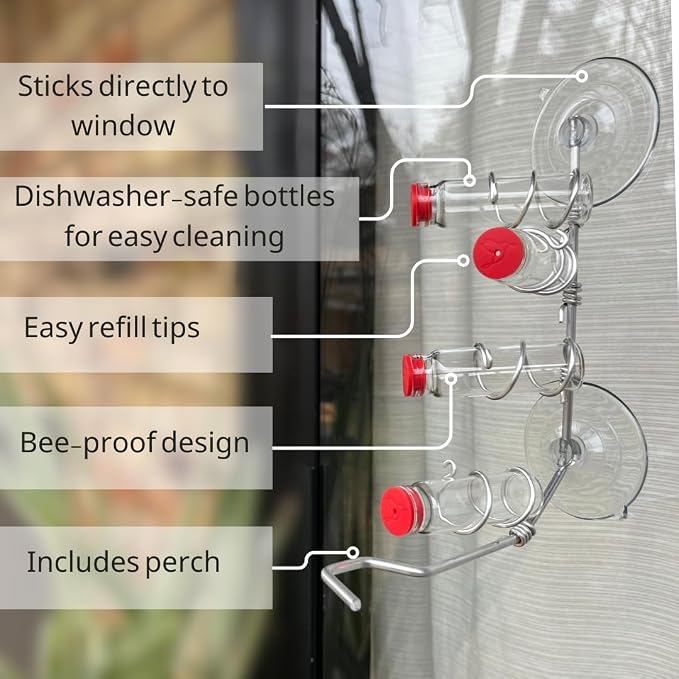 Window Hummingbird Feeder | Handcrafted Copper and Aluminum | Multiple Stations | Modern Hummingbird Feeder | Glass Bottles | Suction Cups (Aluminum, Four Station)