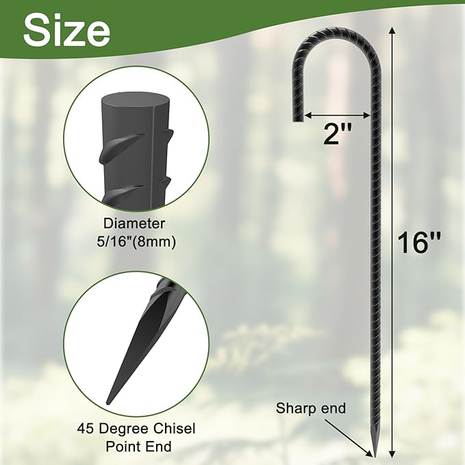 16 Inch J Hook Rebar Stakes 40 Pack, Heavy Duty 5/16 Inch Diameter Black E-Coated Steel Wind Resistant Ground Anchors for Trampoline, Bounce House, Dog Kennel, Chain Link Fence & Gazebo