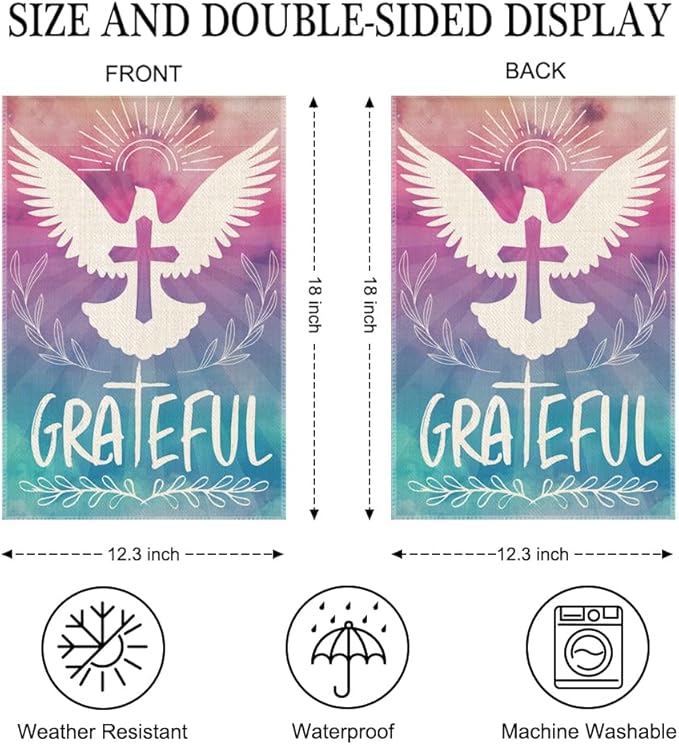 Grateful Peace Dove Garden Flag Double Sided Yard Outdoor Decoration 12x18 Inch, Thankful Autumn Flag, Grateful Fall Jesus Cross Seasona Greeting Garden Banner, Religious Faith Outdoor Banner