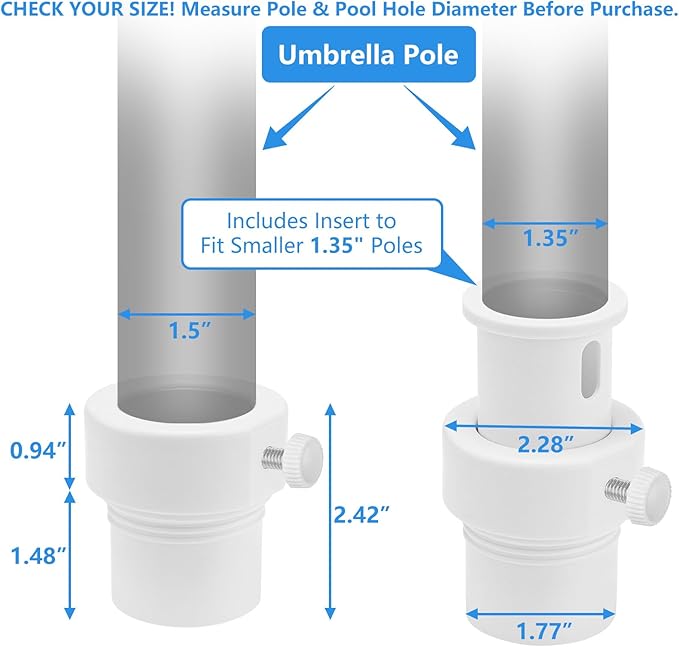 Pool Umbrella Pole Stabilizer Sleeve Adapter - Fit 1.5" & 1.35" Umbrellas Hole Holder Insert for Single-Threaded Baja Deck Pools Sleeves, Reducing Moving and Hold Umbrella in Place (White)
