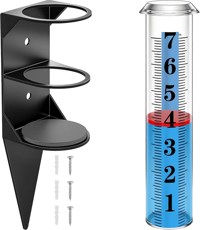 Rain Gauge Outdoor,7" Rain Gauges Outdoors Best Rated with Metal Rack Holder, Rain Measure Gauge, Easy to Read with Red Float, Large Font Plastic Replacement Tube for Yard Garden