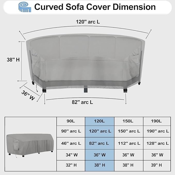 OutdoorLines Waterproof Curved Outdoor Sectional Cover - UV Resistant Windproof Patio Sectional Sofa Covers for Deck, Lawn and Backyard, Heavy Duty Furniture Covers (120Lx36Dx38Hx82FL, Grey)