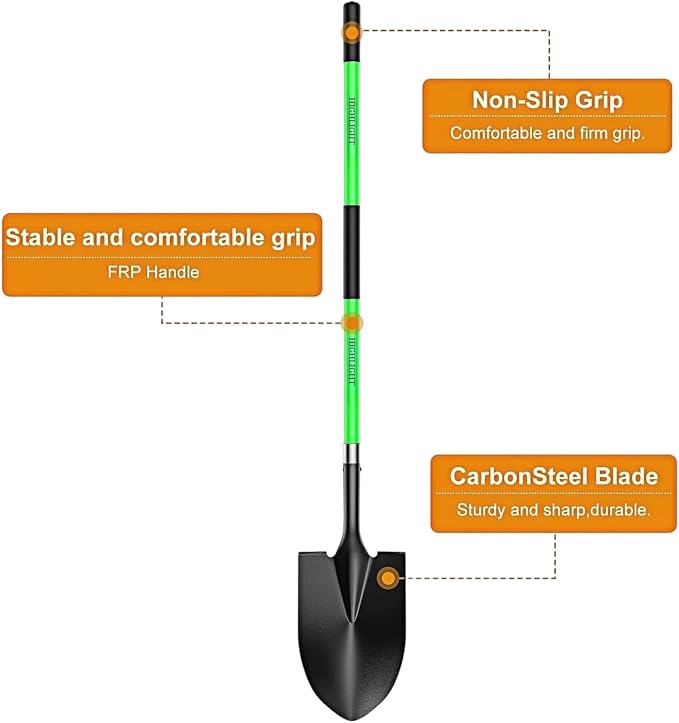 HIGHLIGHT 56-Inch Heavy Duty Round Point Garden Shovel with Non-Slip Fiberglass Handle and Sharp Blade for Deep Digging, Trenching, Landscaping, Snow, Camping and Yard Work - Green