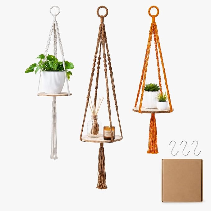 Artilady 3 Pack Hanging Planter with Wood Shelf, Macrame Plant Hanger for Indoor Boho Plants Basket Holder for Window Balcony Kitchen