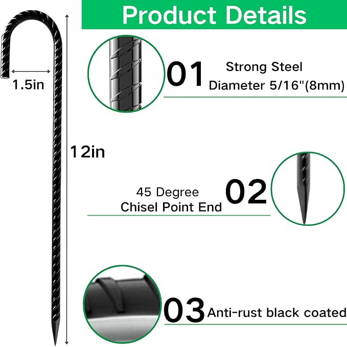 12 Inch 16 Pack Rebar Stakes Heavy Duty, J Hook Premium Black Coated Anti-Rust Ground Anchors for Chain Link Fence, Camping Tents, Outdoor Garden Decoration, Water Pipes