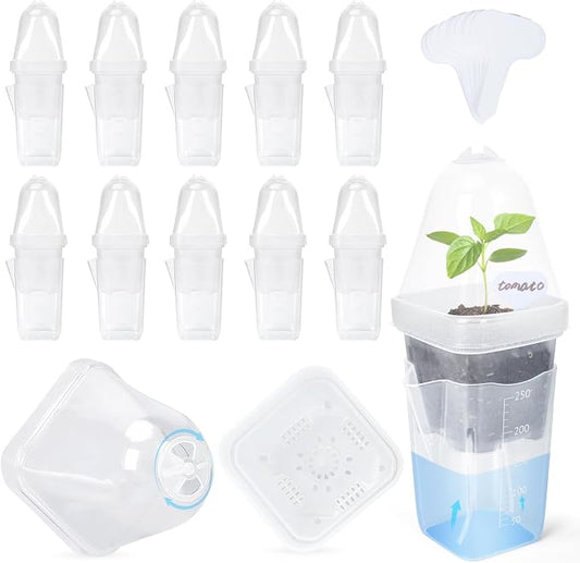 12 Pack 2.5" Self Watering Propagation Pots with Humidity Dome, Clear Plastic Seed Starter Cups, for Seedlings, Cuttings, Succulents, Herbs, Vegetables, with 12 Labels Included (Transparent 24 Pack)