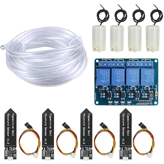 Automatic Irrigation DIY Kit Self Watering System with PDF Tutorial, 4pcs Capacitive Soil Moisture Sensor 4Channel 5V Relay Module and 4pcs Water Pump + 4M Vinyl Tubing for Garden Plant