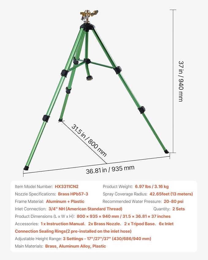 VEVOR Impact Sprinkler on Tripod Base, 2 Packs, Heavy Duty Tripod Sprinklers with Brass Head & 3/4" NH Connector, 360 Degree Large Area Irrigation Sprinkler, Adjustable Heights Sprinkler for Yard