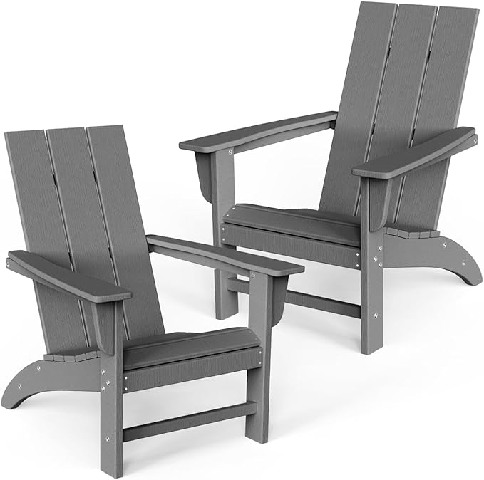Modern Adirondack Chairs Set of 2, HDPE Plastic Patio Chairs for All Weather, Fire Pit Chair, Outdoor Lawn Chairs for Deck, Porch, Backyard, Garden, Slate Gray