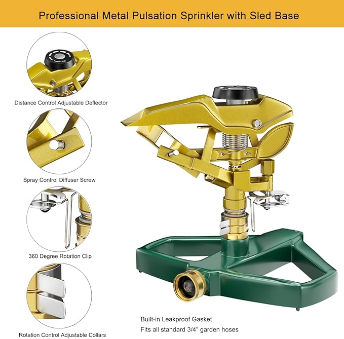 FANHAO Heavy Duty Pulsating Impact Lawn Sprinkler with Metal Base, 100% Metal 360°Adjustable Circular Zinc Impulse Sprinkler for Large Area Lawn & Yard Irrigation, Covers Up to 5800 sq. Ft