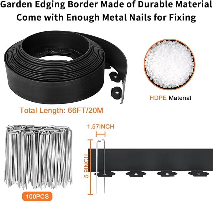 3IN x 82FT Garden Edging, Plastic Edging Border Landscape Edging Kit Flexible Lawn Edging with 125pcs Metal Spikes, Tool-Free Edge for Yard, Flowerbeds, Paving, Pathway