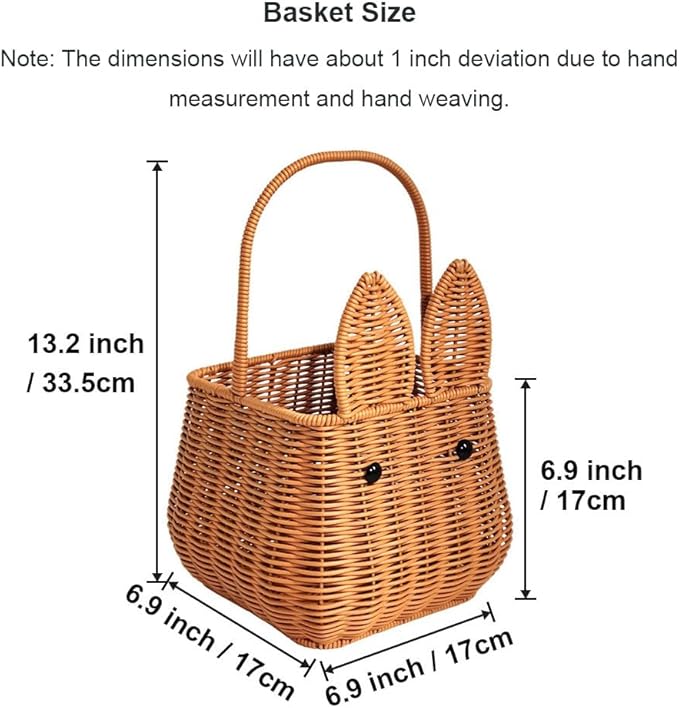 Picnic Basket, Garden Harvest Basket, Wicker Shopping Baskets with Fixed Handle, Reusable Handwoven Market Baskets for Carrying Shopping Storage Gathering (Brown, Bunny Ears)