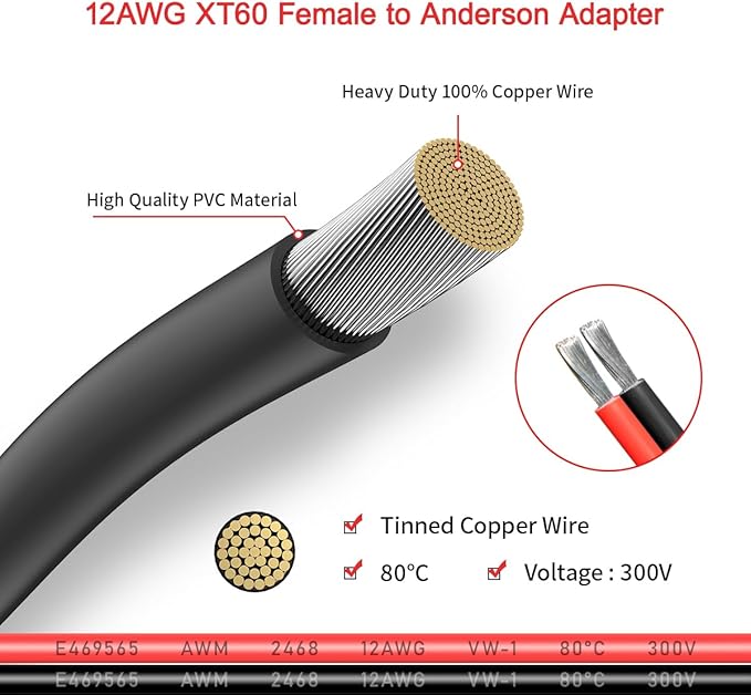 ELFCULB XT60 to Anderson Adapter,12AWG XT60 Female to Anderson Connector Cable for Portable Power Station UAV RC Battery (20FT)