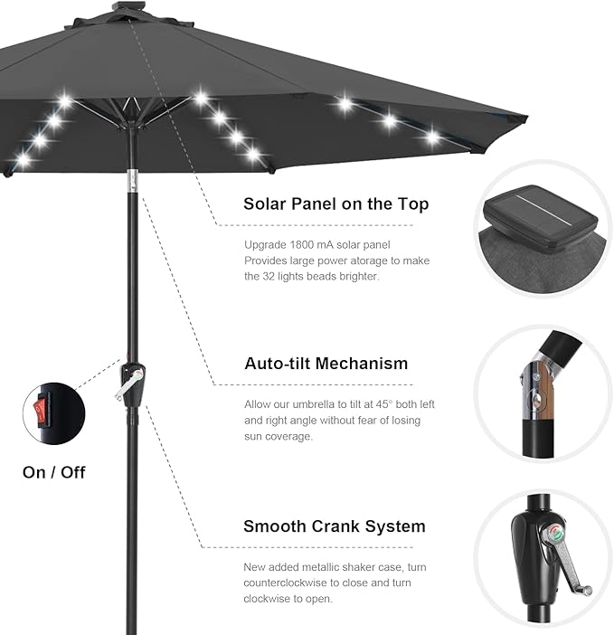 ABCCANOPY Durable Solar Led Patio Umbrellas with 32LED Lights 11FT (Deep Gray)