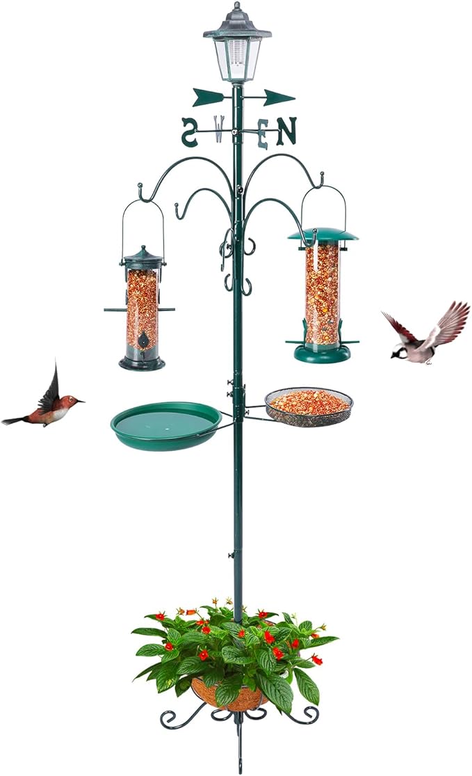 Yinns Bird Feeder with Pole Outdoor, Shepherds Hook for Birdfeeder, Multi Feeder Hanging with Solar Lamp, Tube Feeder, Bird Bath and Flower Pot for Attracting Wild Birds, 58 inch