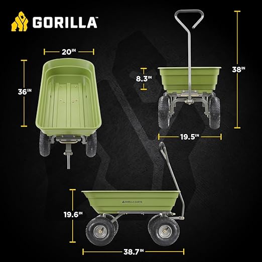 Gorilla Carts Poly Garden Dump Cart, 4 Cu Ft Tub, 600 lb Haul Capacity, Green – Heavy-Duty Utility Wagon with Quick-Release Dumping & Pneumatic Tires for Yard, Landscaping and Gardening
