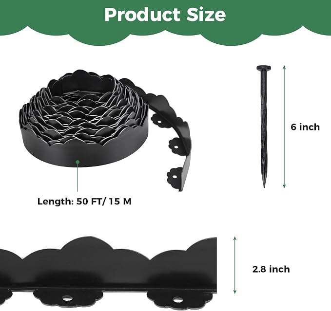 50 FT Landscape Edging Border with 75 Spikes, 2.8 Inch Tall Garden Edging Border, Flexible Plastic No Dig Lawn Edging Border for Flower Beds Landscaping Yard Pathway Paver Tree Fence Edging (Black)