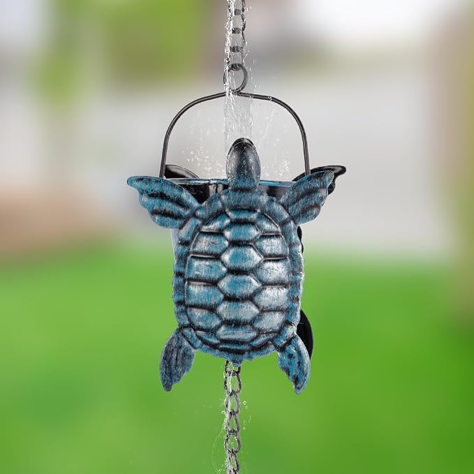10 FT Rain Chains for Gutter, Rain Chain with 12 Turtle Shape Cups Adjustable Rain Catcher Chain for Gutters, Eaves, Drainage, Replacement for Downpout, Blue