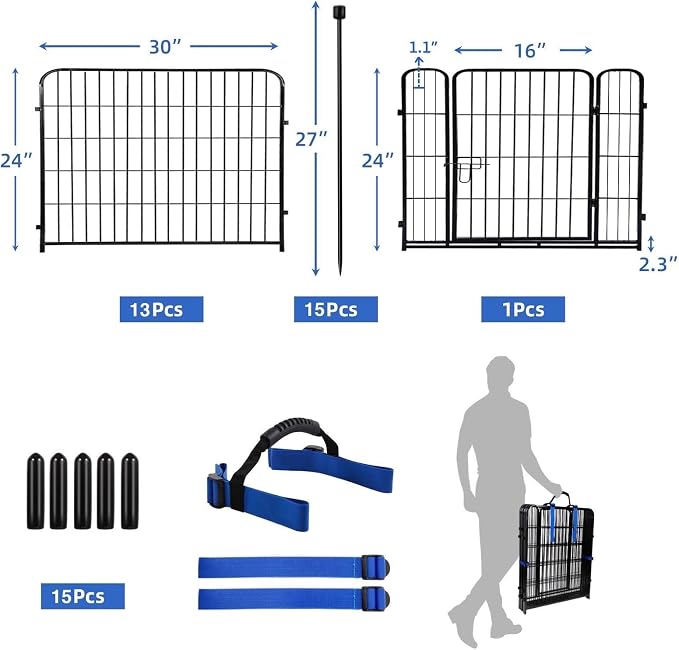 ADAVIN 24 in(H) Garden Fence with Gate, 14 Panels Heavy Duty Iron Metal Animal Barrier Fence, Camping Fence, Garden Fences and Borders for Dogs,Total 34.5 Ft(L), Black