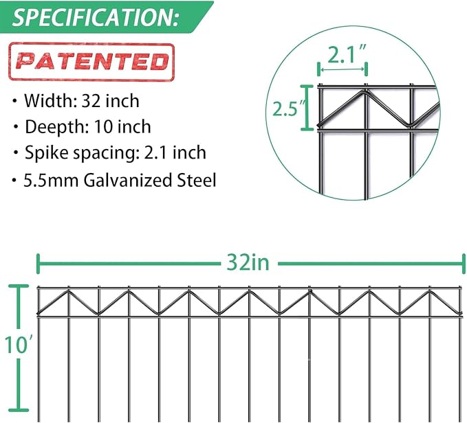 15 Pack 32" L x 10" H Animal Barrier Fence, No Dig Fence Patented Product, 5.5mm Galvanized Stakes with 2.1" Spacing, Anti Digging for Dogs Outdoor Yard Patio, Total 40Ft(L) X 10in(H) Black