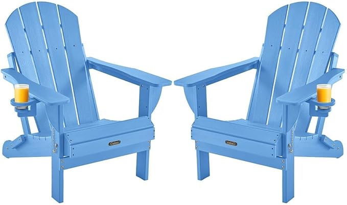 Ciokea Folding Adirondack Chairs Set of 2, Patio Adirondack Chair Weather Resistant, Plastic Fire Pit Chair with Cup Holder, Lawn Chair for Outdoor Porch Garden Backyard Deck, Baby Blue