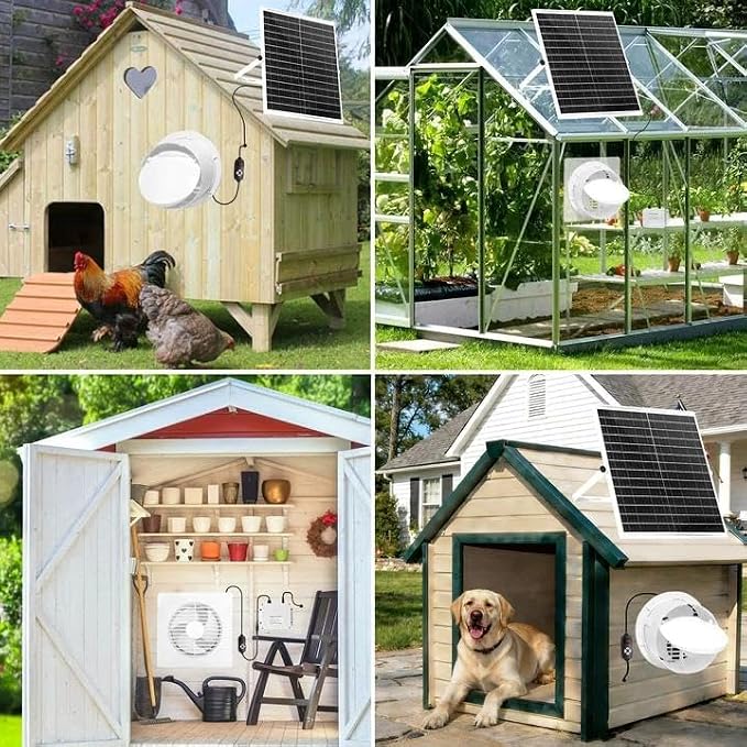 Solar Powered Fan with Battery Run Day/Night, 25W 9.8" Solar Fan for Chicken Coop with 2 Fan Speed/1-8 Cycle Timer, Waterproof Solar Greenhouse Fan for Shed, Chicken Coop, Greenhouse
