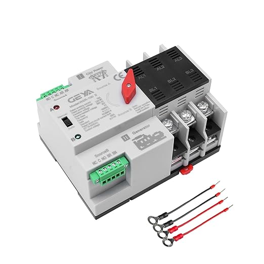 GEYA Mini ATS Automatic/Manual Transfer Switch, Solar Auto Dual Power Over & Under Voltage Switch 50/60Hz Grid to AC Generator(3Pole 100A 110V)