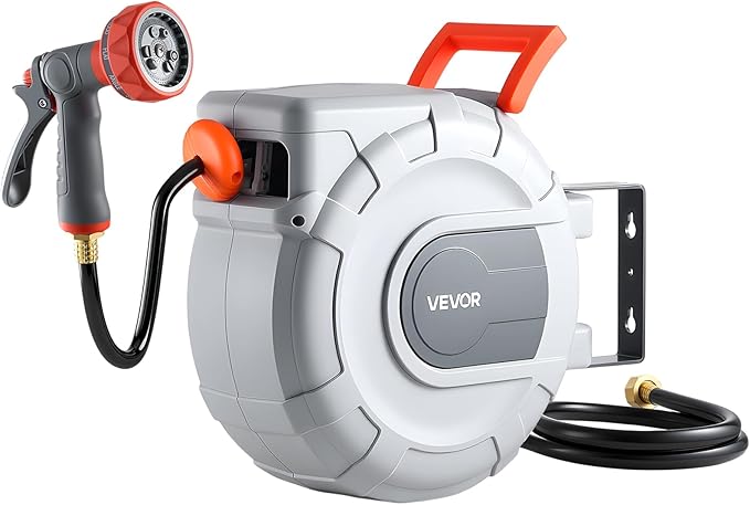 VEVOR Retractable Garden Hose Reel, 1/2 in x 50 ft, Wall Mounted Hose Reel with 9-Function Sprayer Nozzle and 180° Swivel Bracket, Any Length Lock, Automatic Slow Rewind System, for Garden Watering