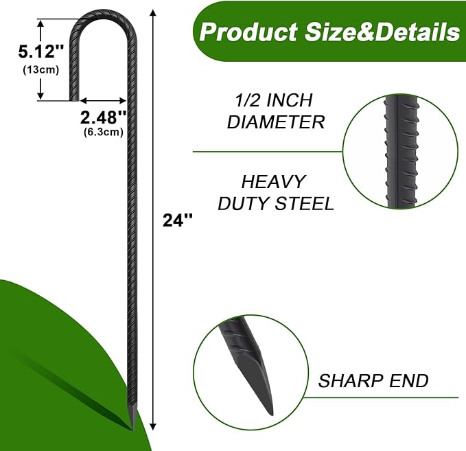 AAGUT Rebar Stakes 24 Inch J Hook Heavy Duty 10 Pack, 1/2 Inch Extra Long Tent Stakes with Chisel Point End, Black Coated Metal Ground Anchors for Garden, Chain Link Fence, Camping, Greenhouse