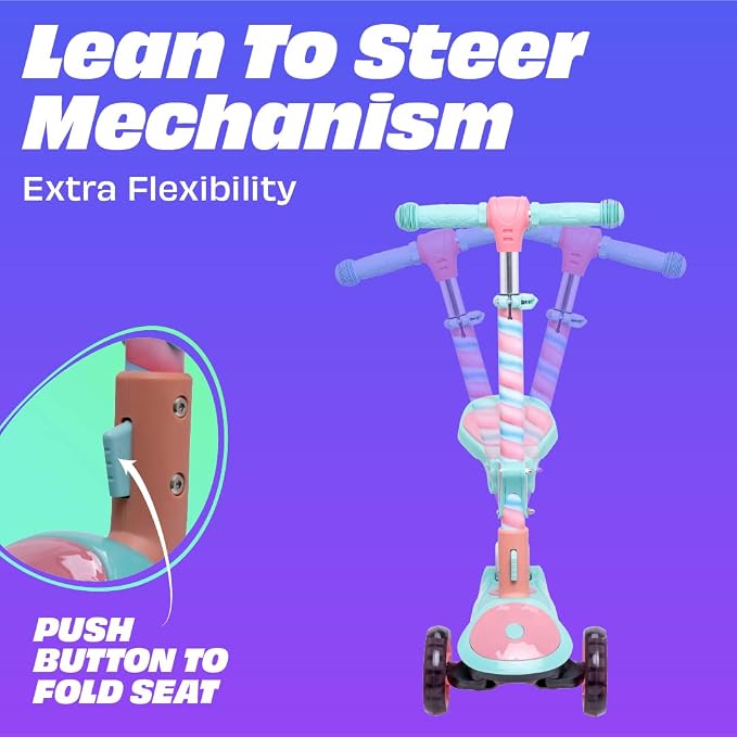 SKIDEE Kick Scooter for Kids Ages 3-5 | Foldable 3 Wheel Scooter with Lean-to-Steer, Adjustable Height, Removable Seat & LED Light Wheels | Toddler Scooter Up to 12 Year Old Boys/Girls