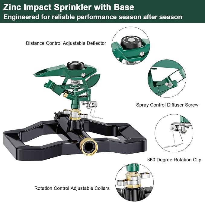 FANHAO Heavy Duty 360 Degree Pulsating Impact Sprinkler, Adjustable Lawn Sprinkler with Metal Base, Covers Up to 5,800 Sq. Ft, Large Area Irrigation System for Lawn, Garden Plant & Patio Cooling