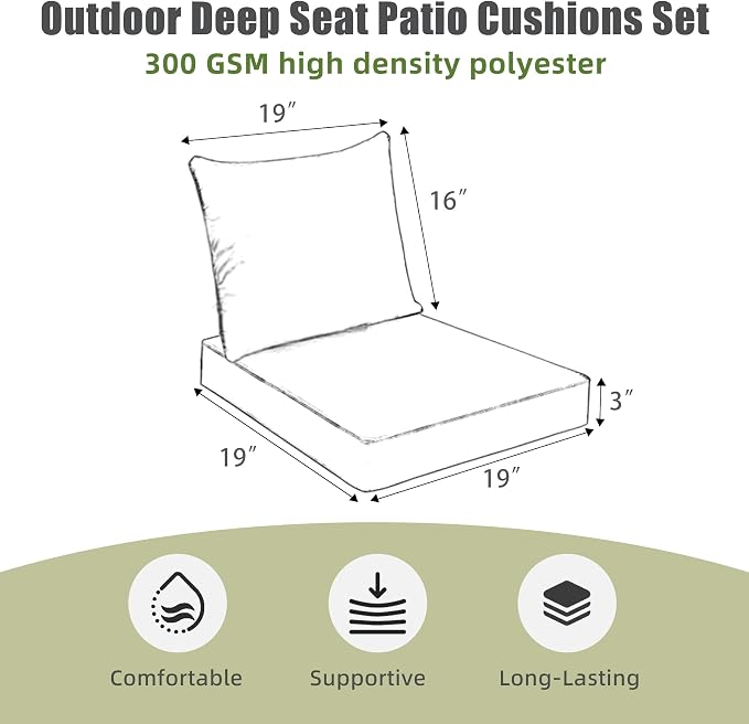 Favoyard Outdoor Deep Seat Patio Cushions Set, 19 x 19 Inch Rainproof & 3-Year Fade Resistant Patio Furniture Cushion, Removable Bottom & Back Cushion with Ties for Yard, Garden, Green Floral