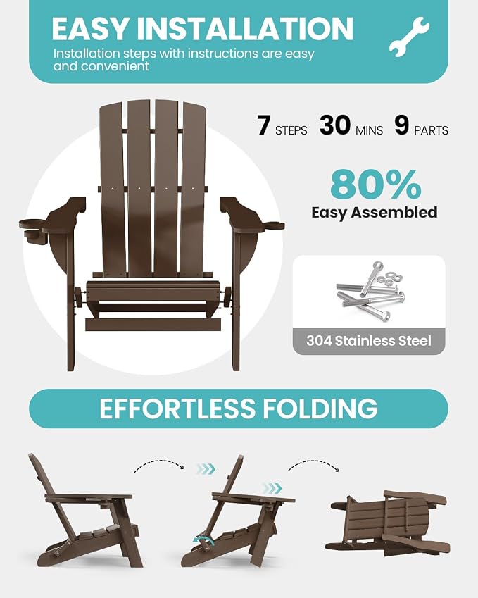 Folding Adirondack Chair Set of 4, HDPE Adirondack Chairs with 2 Cup Holder, Plastic All-Weather Fire Pit Chairs, Outdoor Lawn Chair for Patio Garden (Brown)