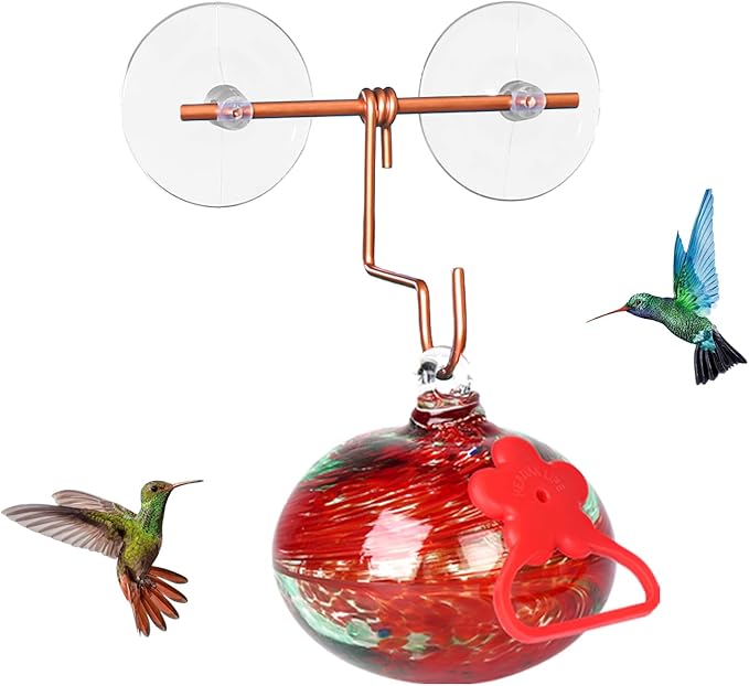 Window Hummingbird Feeder with Suction Cups,Hand-Blown Glass Hummingbird Feeders for Outdoors Window Mounted with Metal Hook,Close Bird Watching,Finch in Garden,Yard(Red)